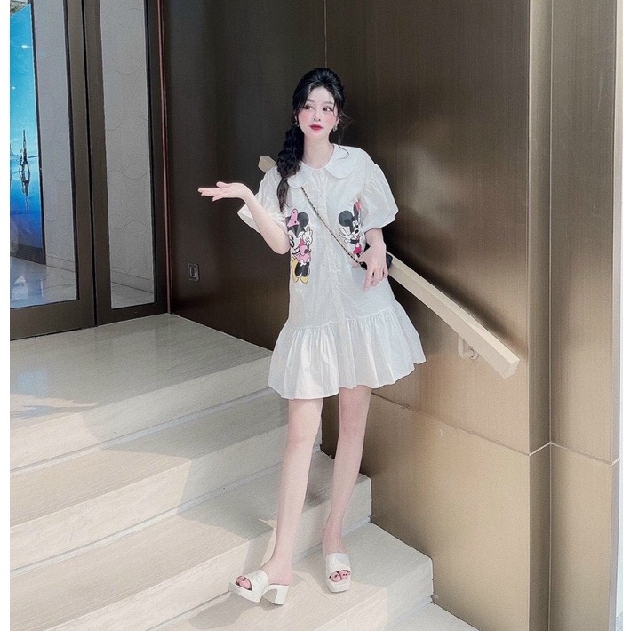 Gunkaymatter Đầm Váy Nữ Cổ Bèo Tay Phồng Trắng Tinh Khôi In Hình Mickey Mouse Phù Hợp Mọi Phong Cách