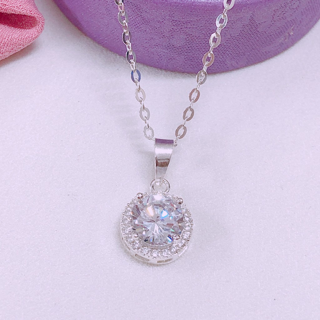 Dây chuyền bạc nữ dây xích mặt đá tròn đường kính 1cm gắn đá sáng lấp lánh - Bạc Bibi