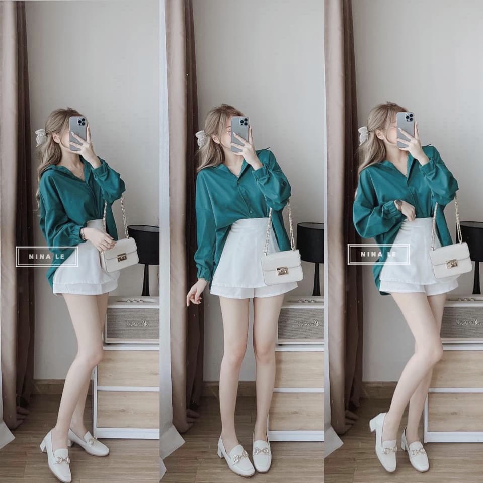 Set sơ mi xanh thụng quần giả váy sét bộ nữ sang chảnh LT516