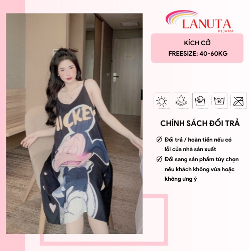 Đầm ngủ 2 dây váy mặc nhà dáng dài thiết kế in 5D sang chảnh kute dễ thương chất lụa xước mềm nhẹ mát phom 45-60 kg