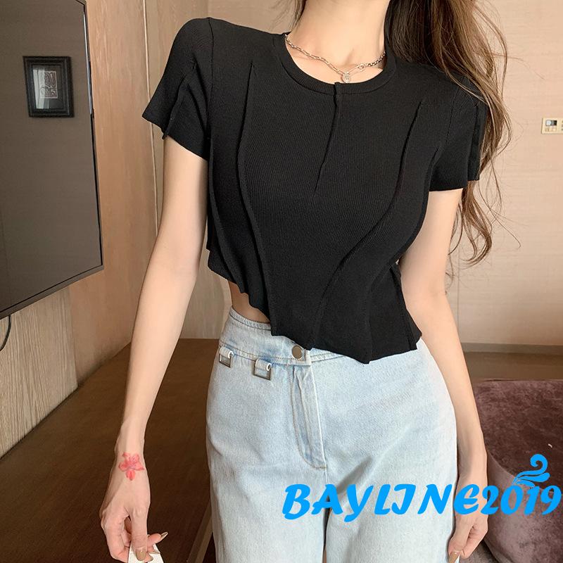Áo croptop màu trơn tay ngắn quyến rũ dành cho nữ
