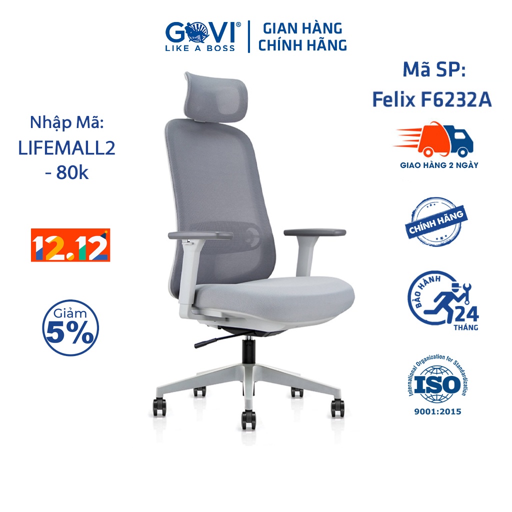 Ghế công thái học Ergonomic GOVI Felix F6232A-HS - Tựa đầu điều chỉnh độ cao, tựa tay 3D nâng hạ, mâm ghế ngả 135 độ