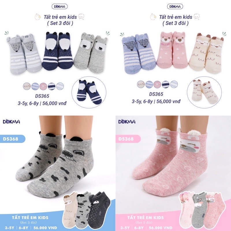 1 Set 3 đôi Tất/Vớ Dokma cotton co giãn 4 chiều bé trai/bé gái size 0-1 tuổi đến 6-8 tuổi
