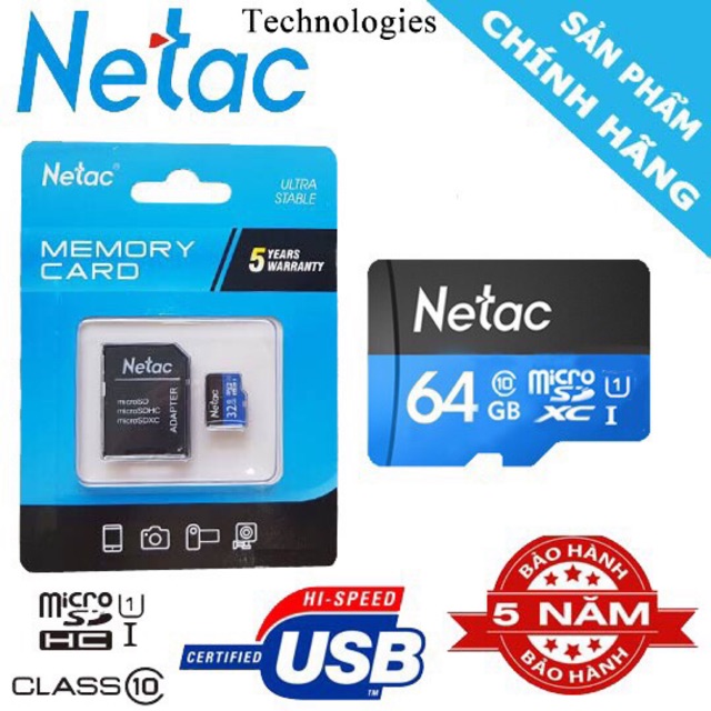 THẺ NHỚ NETAC 64GB, CHÍNH HÃNG BẢO HÀNH 5 NĂM