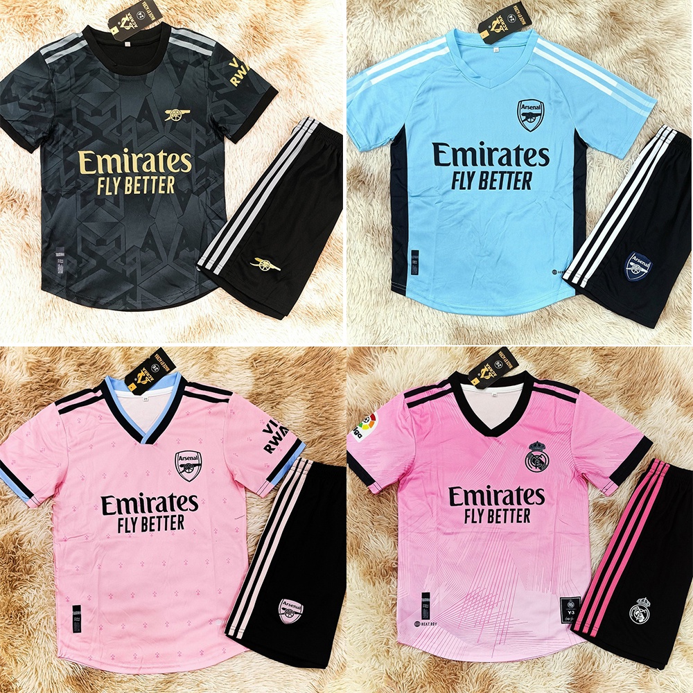 Bộ quần áo đá bóng clb Arsenal hồng xanh đen 20222023 & Real Madrid size nhỏ dành cho trẻ em dưới 45kg mùa 22 23