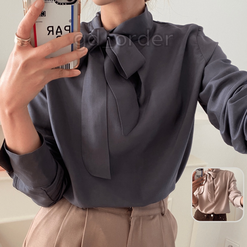 A21|Áo sơ mi nữ hàn quốc kiểu đẹp kèm dây đai cổ thắt nơ chất lụa cao cấp gd_order