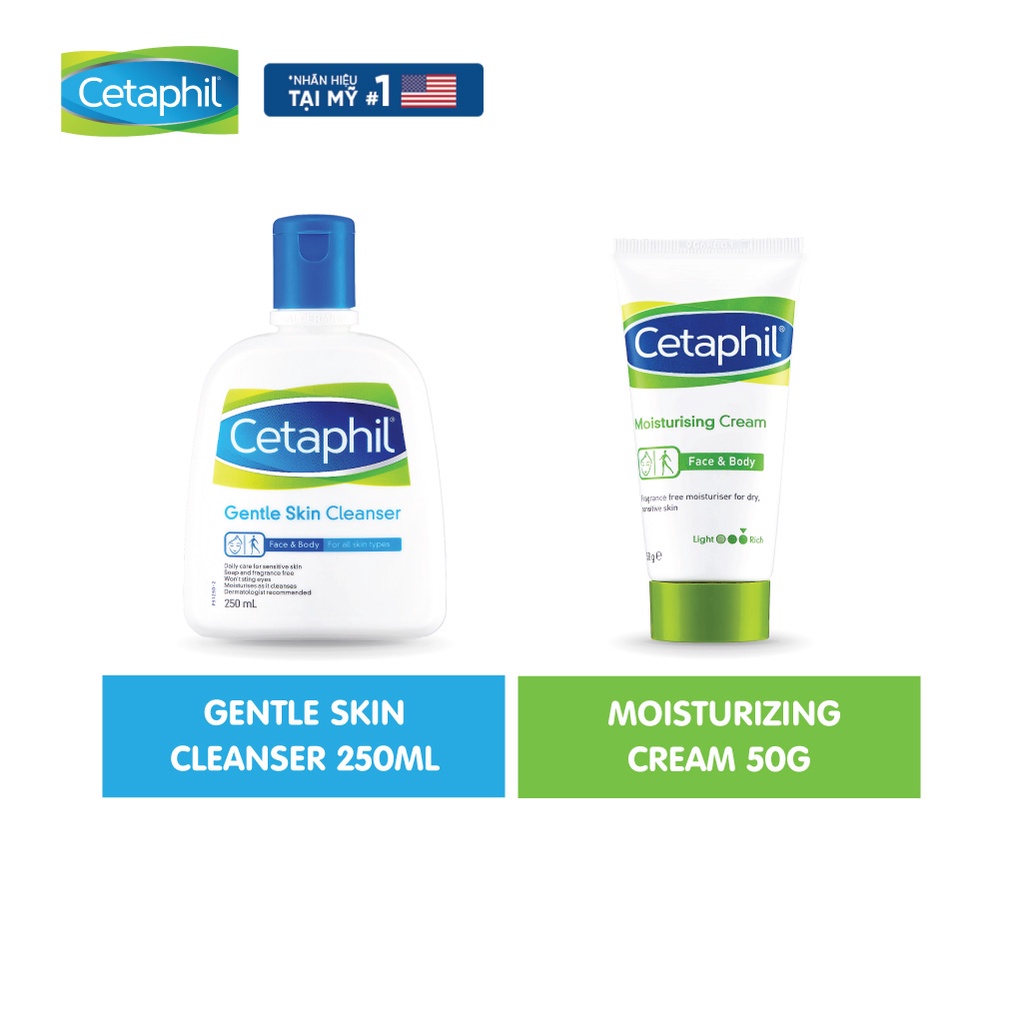 Combo Làm sạch &amp; Dưỡng ẩm Sữa rửa mặt Cetaphil Gentle Skin Cleanser 250ml + Kem dưỡng ẩm CETAPHIL MOISTURIZING CREAM 50g