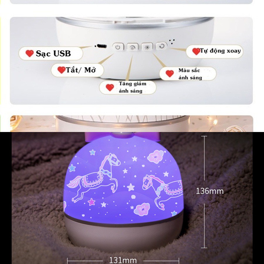 Đèn LED chiếu sáng 3D trăng sao - 6 chủ đề thay đổi, sạc USB