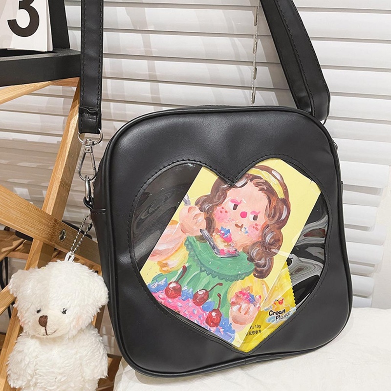 Túi Đeo Chéo Vai Bằng Da PU Hình Vuông Họa Tiết Trái Tim Trong Suốt