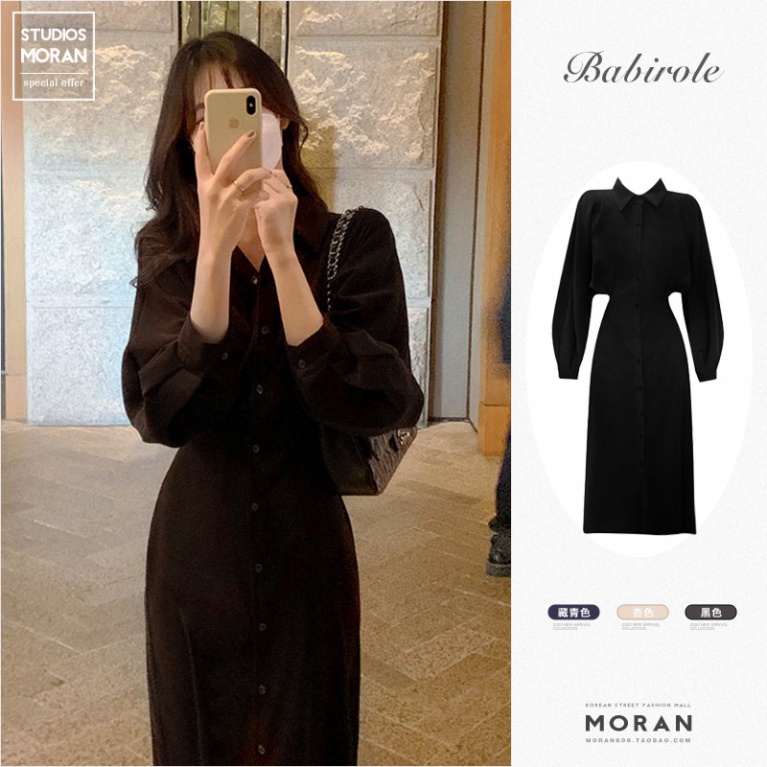 ( Sale Cực Rẻ ) (ORDER-sẵn XL) Váy sơ mi MORAN cổ bẻ cài dọc khuy thon eo bó tôn dáng style gợi cảm sang trọng