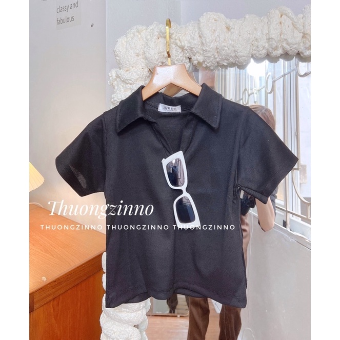 Áo Croptop cổ đức Kiểu Nữ Ôm Body SANJOLI Polo có cổ sơ mi thun Tay Ngắn Form Rộng sexy Cá tính thể thao màu trắng đen