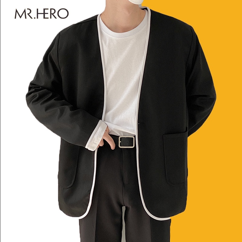 Áo Blazer Nam Dài Tay Form Dáng Rộng Phối Viến Trắng Không Cổ  MrHero Thời Trang Phong Cách Hàn Quốc BZ13 M.RO