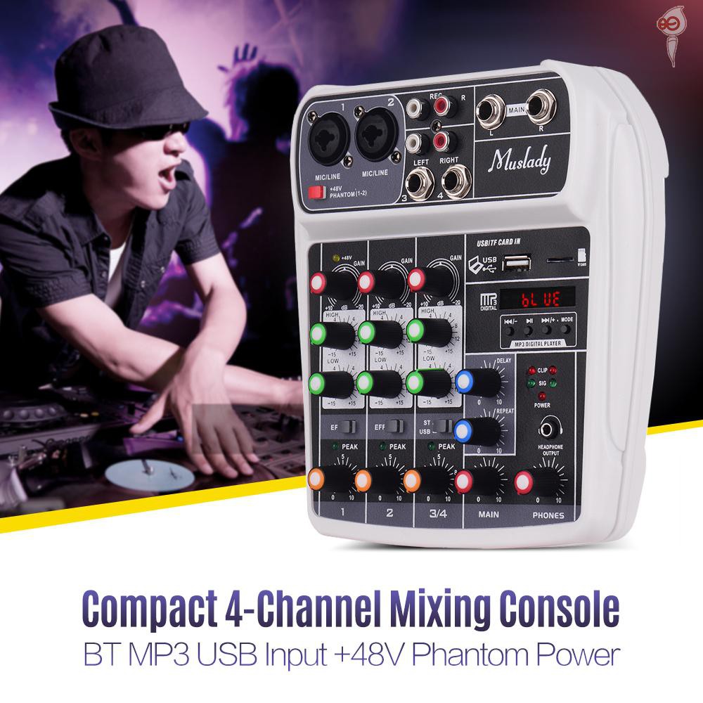 X&S Muslady AI-4 Compact Mixing Console Digital Audio Mixer 4-Channel BT MP3 USB Input +48V Phantom Power for Music Recording DJ Network Live Broadcast Karaoke