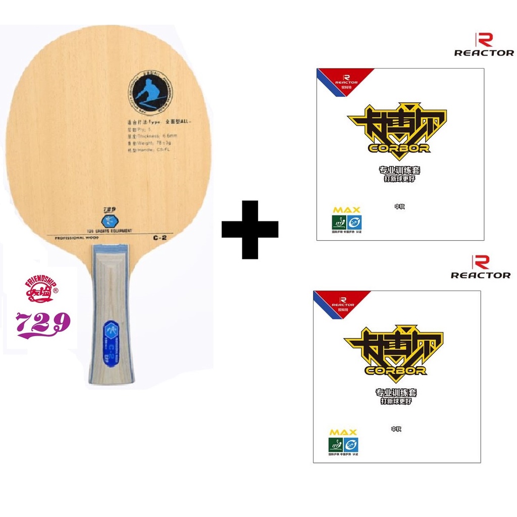 Combo vợt bóng bàn gồm cốt vợt 729 C-2 và hai mặt vợt REACTOR CORBOR MAX