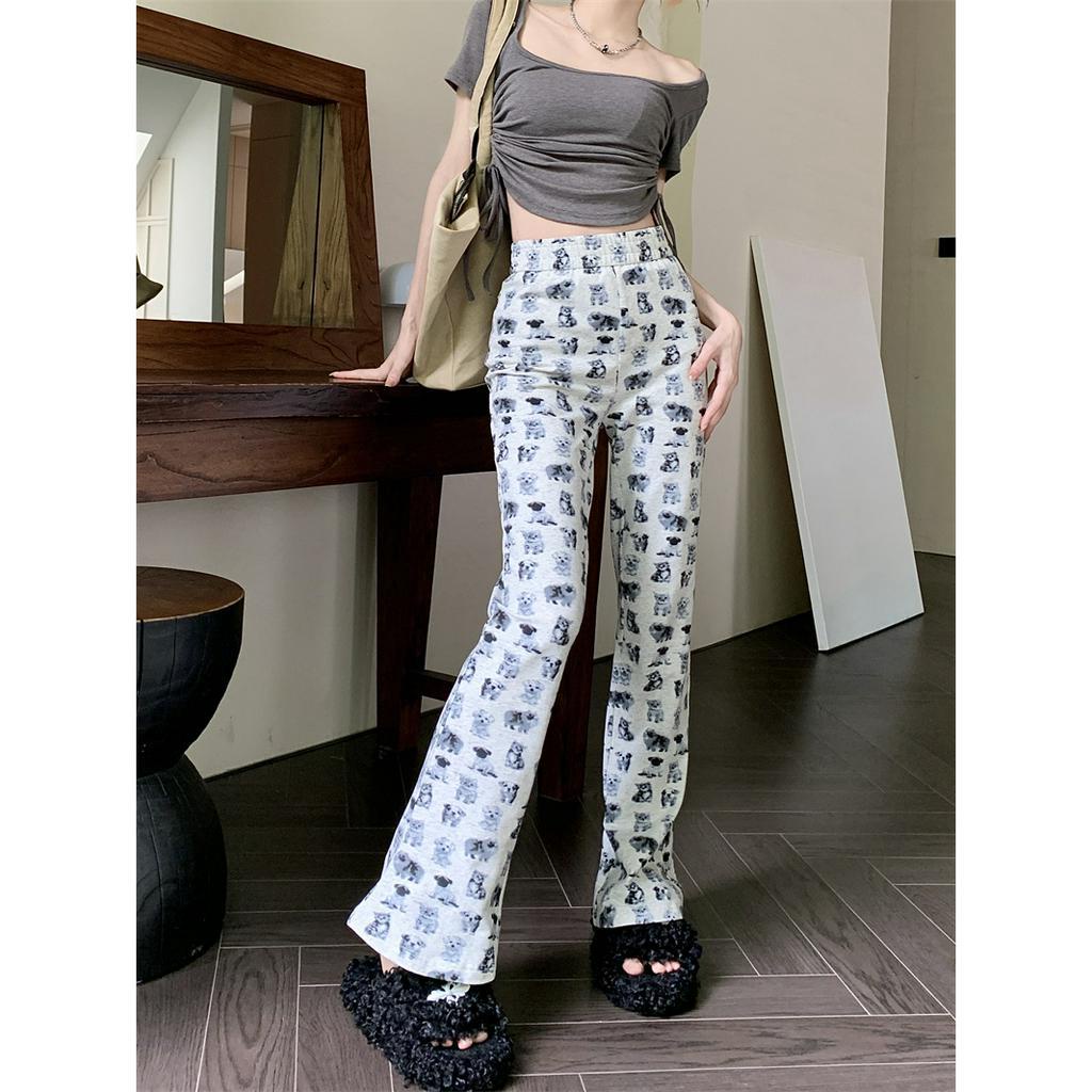 「 WELOVE1 」Quần Dài Nữ Lưng Cao In Hình Chú Chó Thời Trang