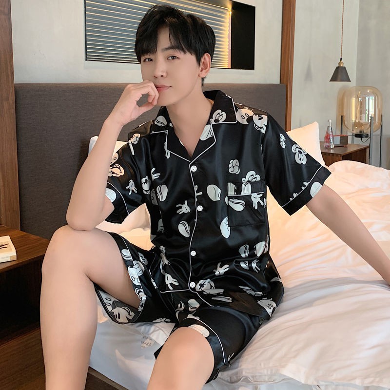Bộ đồ ngủ ngắn tay bằng vải lụa thoải mái cho nam | BigBuy360 - bigbuy360.vn