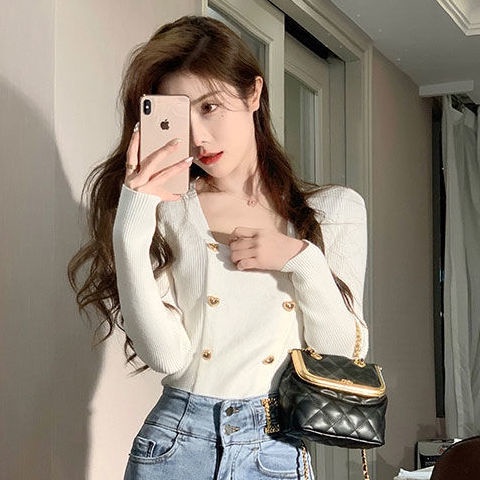 Áo sweater dệt kim cổ vuông phong cách phương Tây thời trang mùa thu cho n