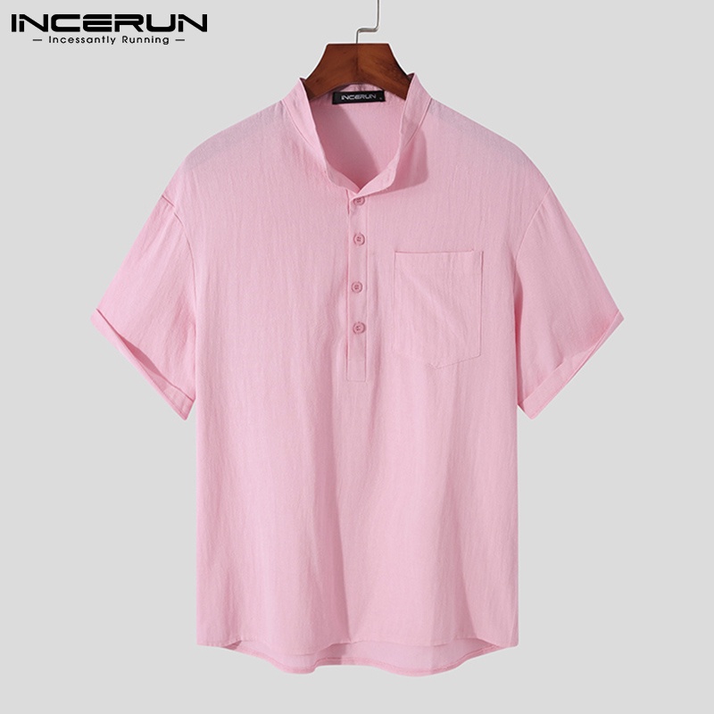 Áo sơ mi nam INCERUN tay ngắn cổ chữ V 4 màu trơn tùy chọn