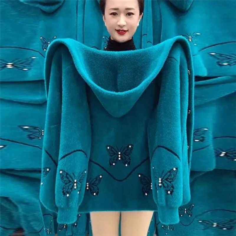 2022 mùa xuân mẹ mặc áo khoác lông cừu giả lông chồn ngắn của phụ nữ kích thước lớn mùa thu và mùa đông có mũ trùm đầu d