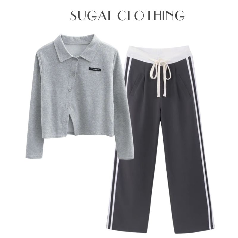 Set Bộ Đồ Nữ Áo Thun Polo Dài Tay Vạt Chéo Phối Quần Ống Suông Kẻ Sọc Thời Trang Sugal TOP NU 051 + QUAN NU 040