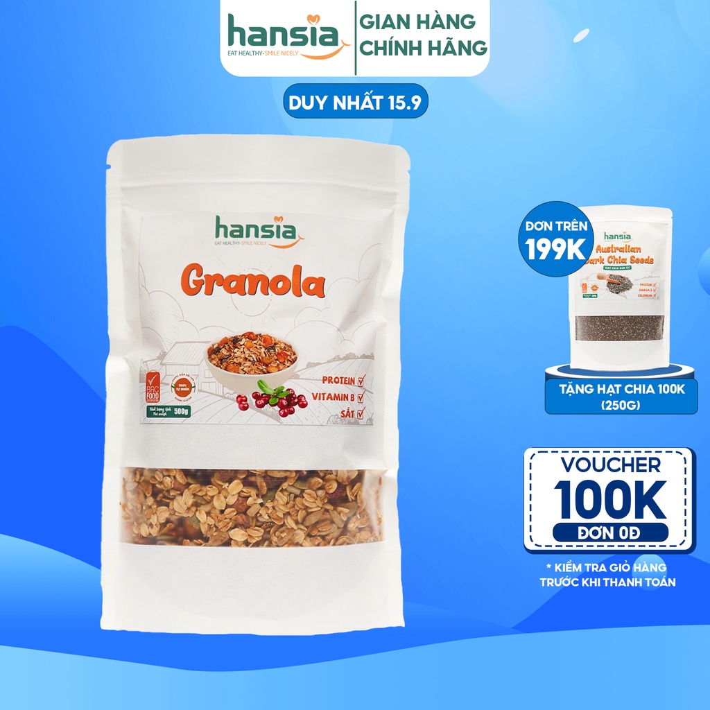 Ngũ Cốc Ăn Sáng Granola Organic HANSIA Gồm Nhiều Loại Hạt, Yến Mạch, Trái Cây Khô Giàu Năng Lượng Tiện Lợi Túi 250g-500g
