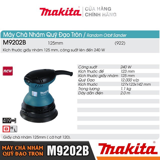 [Chính Hãng] Máy Chà Nhám Tròn Makita M9202B (240W-125MM) Bảo Hành Tại Các TTBH Toàn Quốc