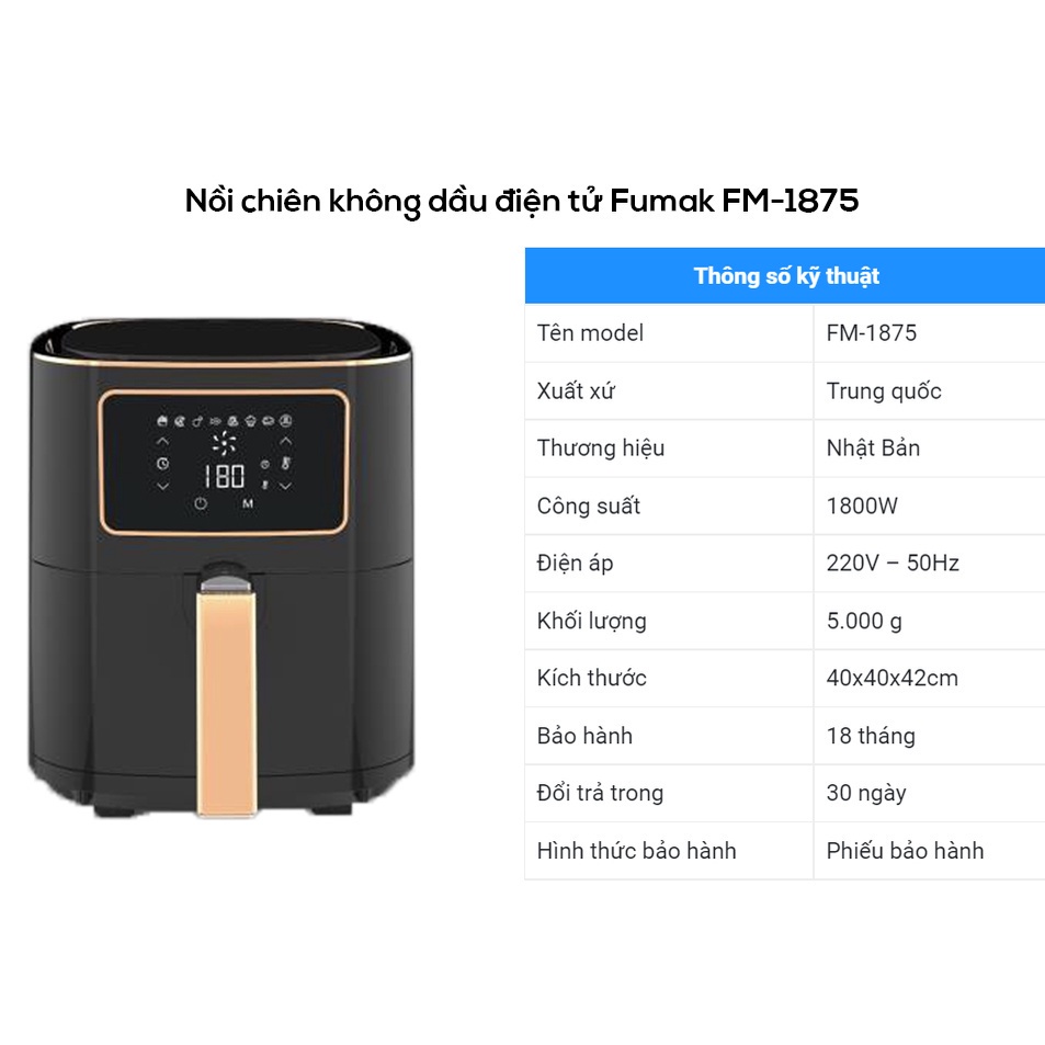 Nồi Chiên Không Dầu Điện Tử Fumak FM1875 Nhật Bản, Dung Tích 7.5L Chín Nhanh, Tản Nhiệt Đều [ Bảo hành 18 tháng]