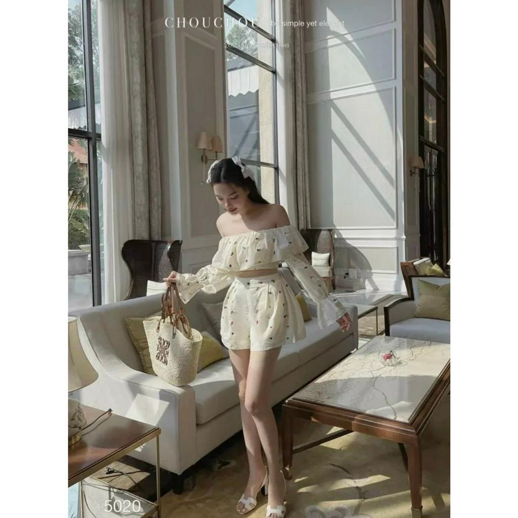 Set bộ lụa ý in 3D siêu xinh áo tay dài trễ vai phối quần ngắn ống rộng thời trang ngọt ngào mặc đi hẹn hò