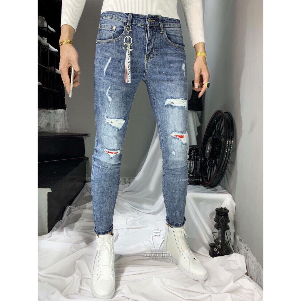 Quần Jean Nam Rách Lót Vải Đỏ Cá Tính Form Skinny Hàng Mới Thời Trang Soái Ca