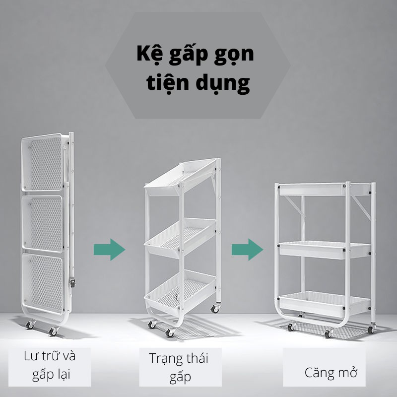 Kệ đựng đồ 3 tầng đa năng, kệ để đồ di động, gấp gọn, giá kệ tiện ích trong nhà bếp, nhà tắm và spa