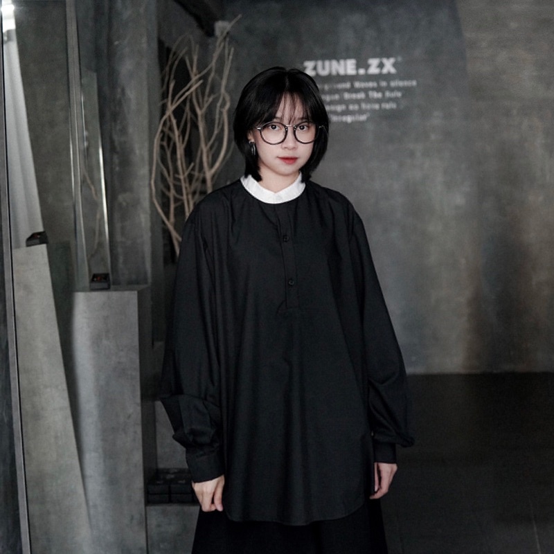 Áo sơ mi unisex Zune.zx cổ trụ form rộng đen trắng, Kido shirt