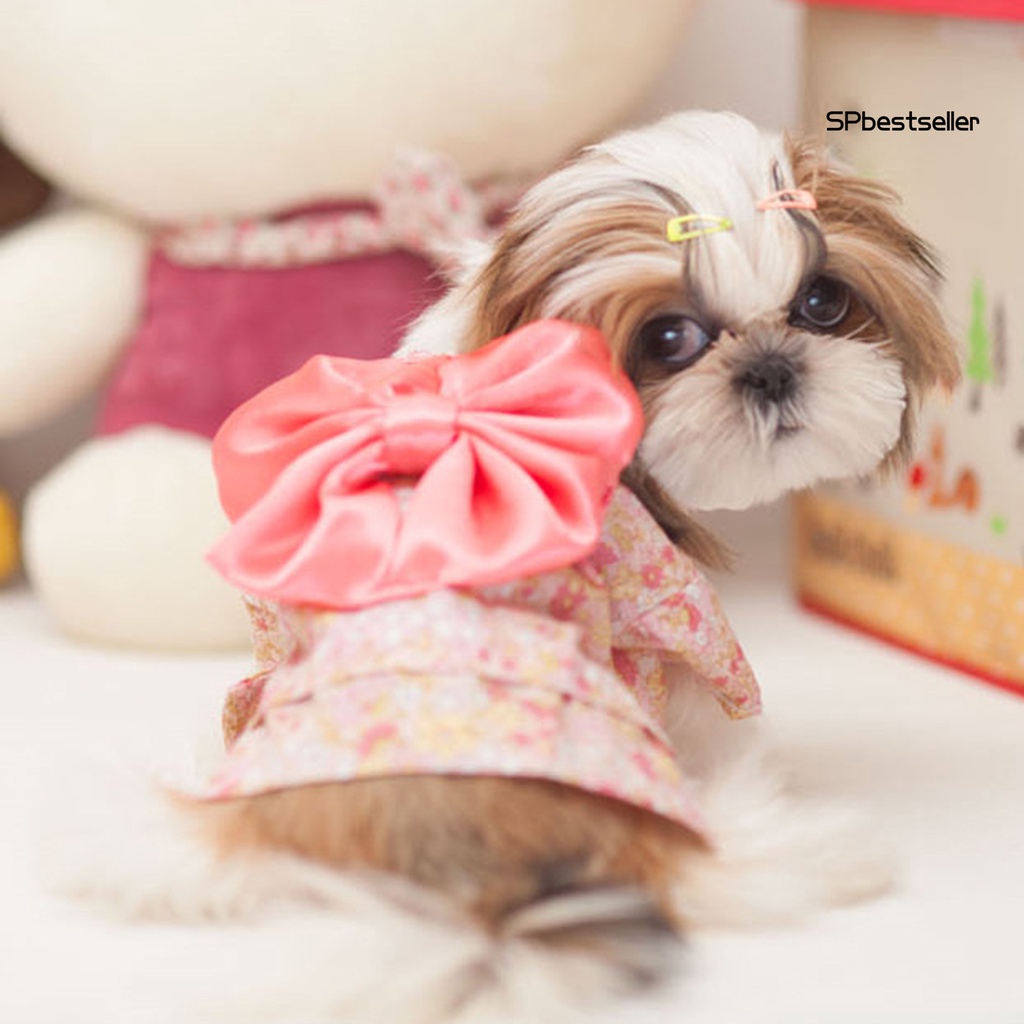 Đầm cotton hai lớp đính nơ in họa tiết hoa xinh xắn dành cho cún cưng