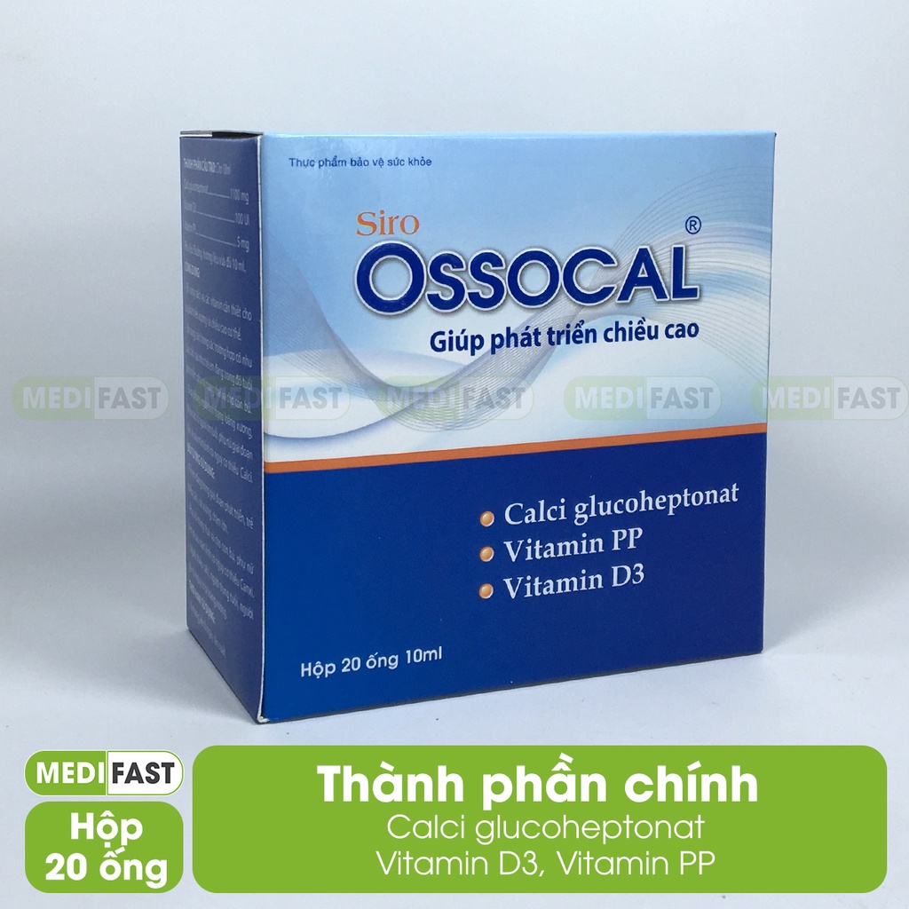 Siro Ossocal - Bổ sung canxi hữu cơ và D3 cho mẹ bầu, sau sinh và trẻ nhỏ, tăng chiều cao tuổi dậy thì hộp 20 ống