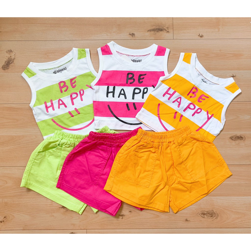 (SIZE 1-13)(10-36kg) SET BÉ GÁI BE HAPPY ÁO CROP TOP + QUẦN KAKI