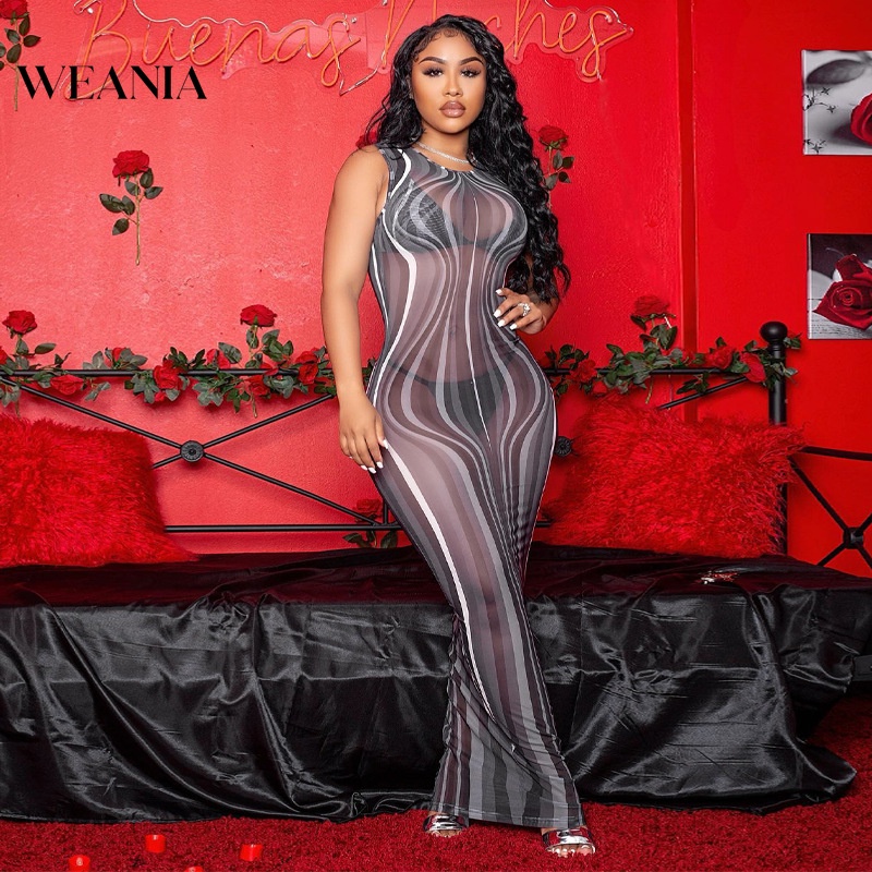 Đầm Dài Dáng Ôm Phối Lưới Kẻ Sọc Thời Trang Quyến Rũ Cho Nữ