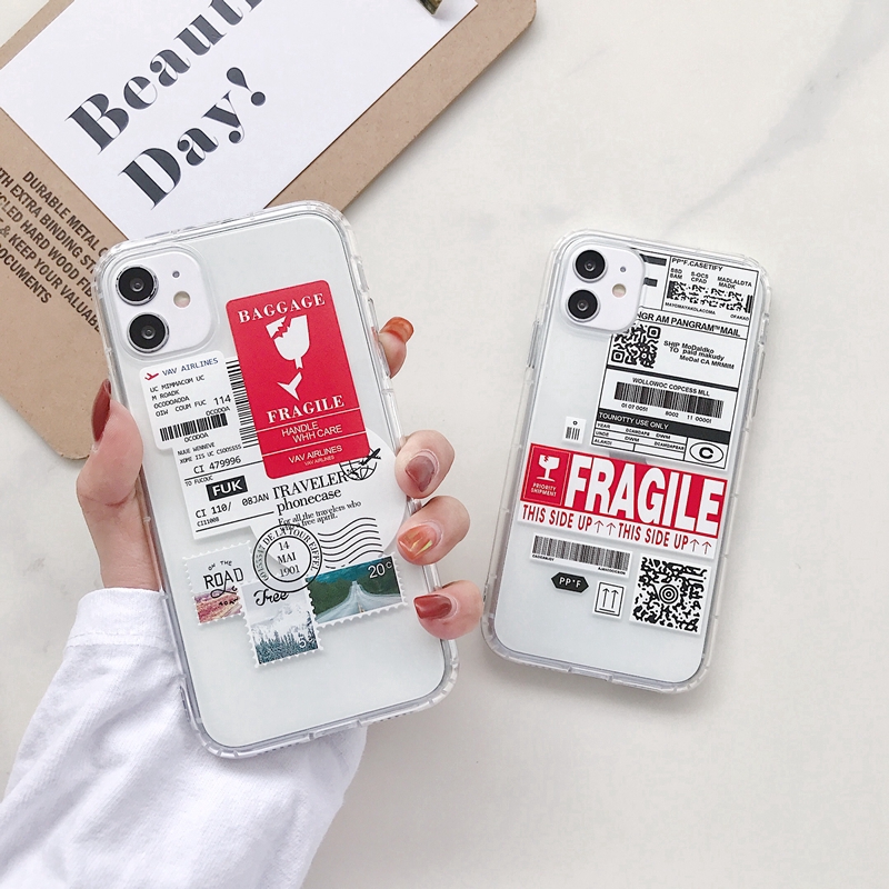 Ốp điện thoại TPU mềm có đệm khí họa tiết nhãn Fragile cho IPhone 6 6S 7 8 Plus XS Max XR 11 Pro Max SE2020