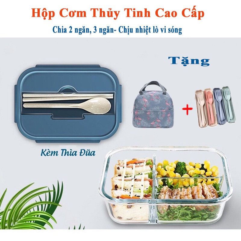 Hộp Cơm Thủy Tinh Chia Ngăn Bộ Hộp Cơm Văn Phòng +Tặng Đũa Thìa Và Túi Giữ Nhiệt