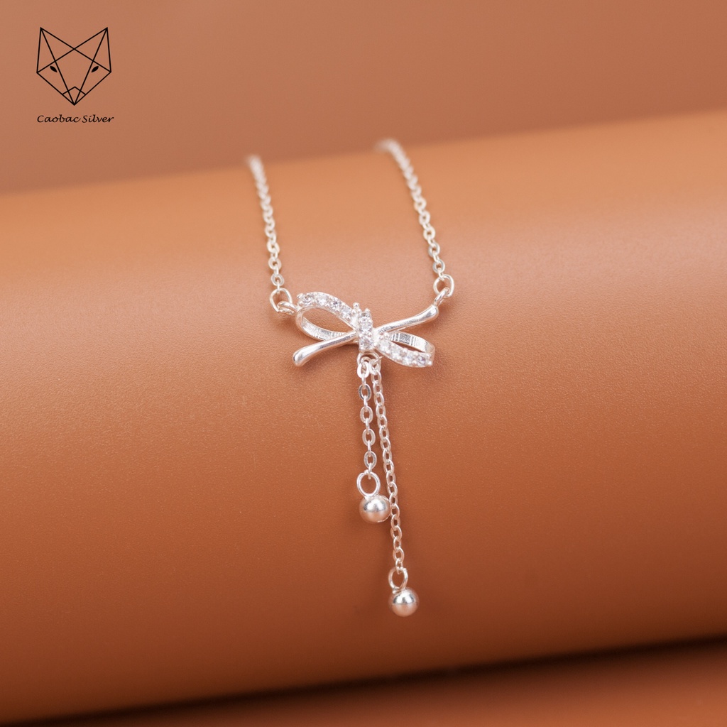 Dây Chuyền Bạc Ta Cao Cấp CaoBac Silver  Hoạ Tiết Nơ Đan Sợi Bi Rơi  Nhẹ Nhàng, Thanh Lịch Dễ Thương Cho Bạn Gái