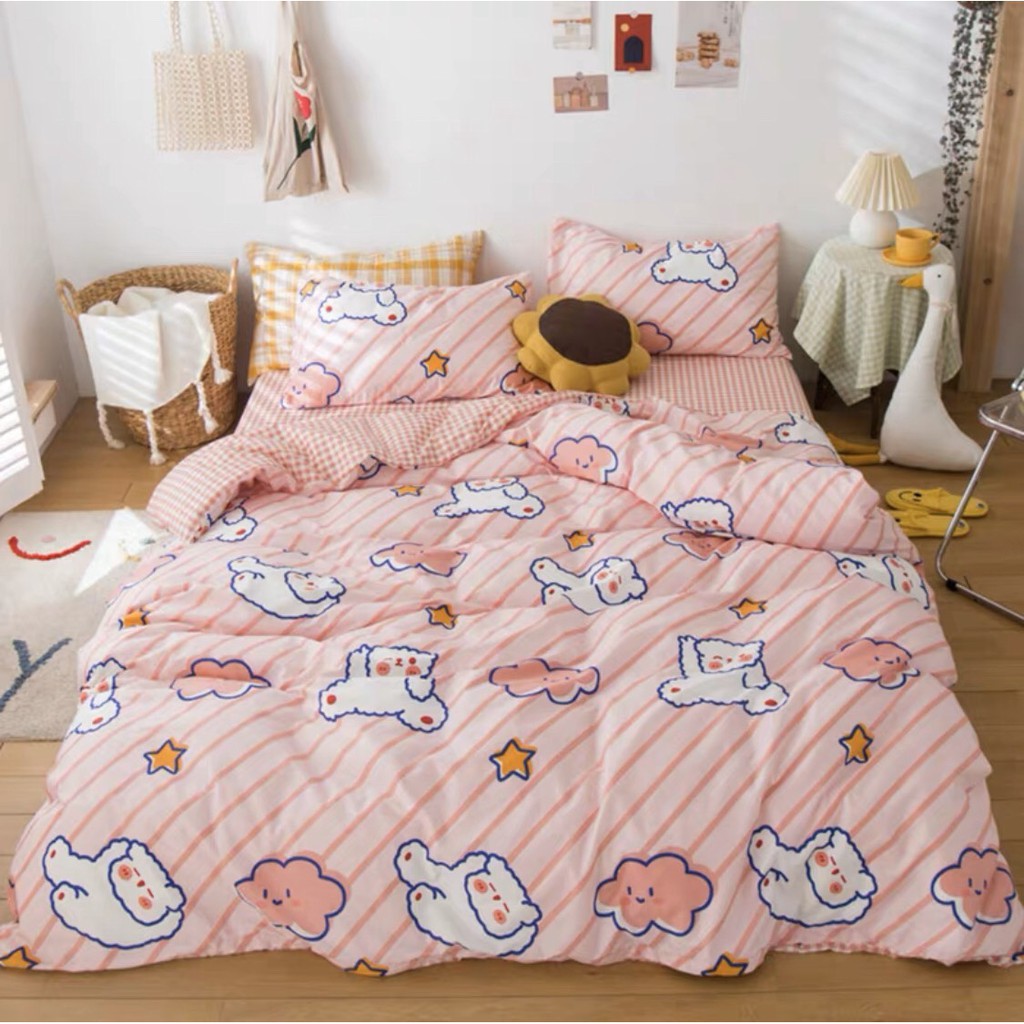 Bộ vỏ chăn ga gối Cotton Poly M2T bedding gấu hồng phối sọc, vỏ chăn mền, drap giường và 2 vỏ gối