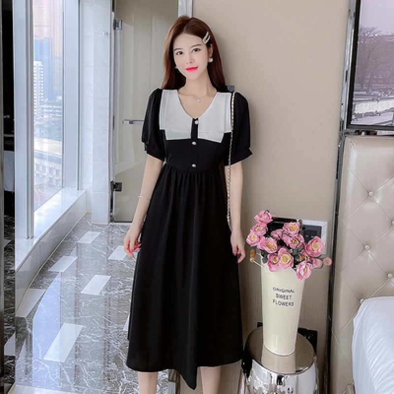Đầm Chữ a Tay Phồng Cổ Búp Bê Dáng Dài Màu Đen Kiểu Pháp Thời Trang Cho Bạn Gái
