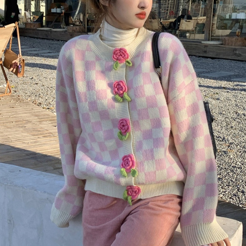 Áo Khoác Cardigan Dệt Kim Tay Dài Họa Tiết Hoa 3D Dễ Thương Cho Nữ