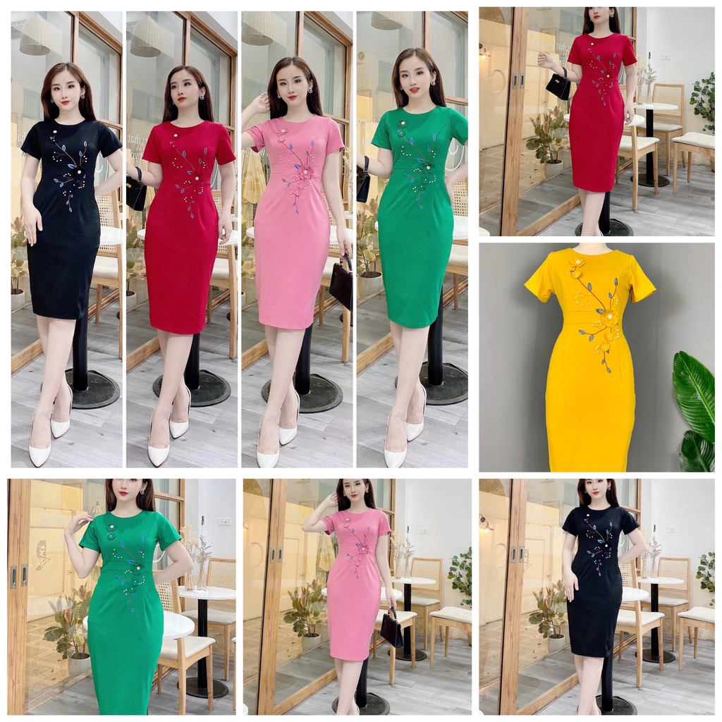 Váy đầm body thêu hoa đá cổ tròn chất umi co dãn 4 chiều thấm hút mồ hôi váy đầm dự tiệc công sở