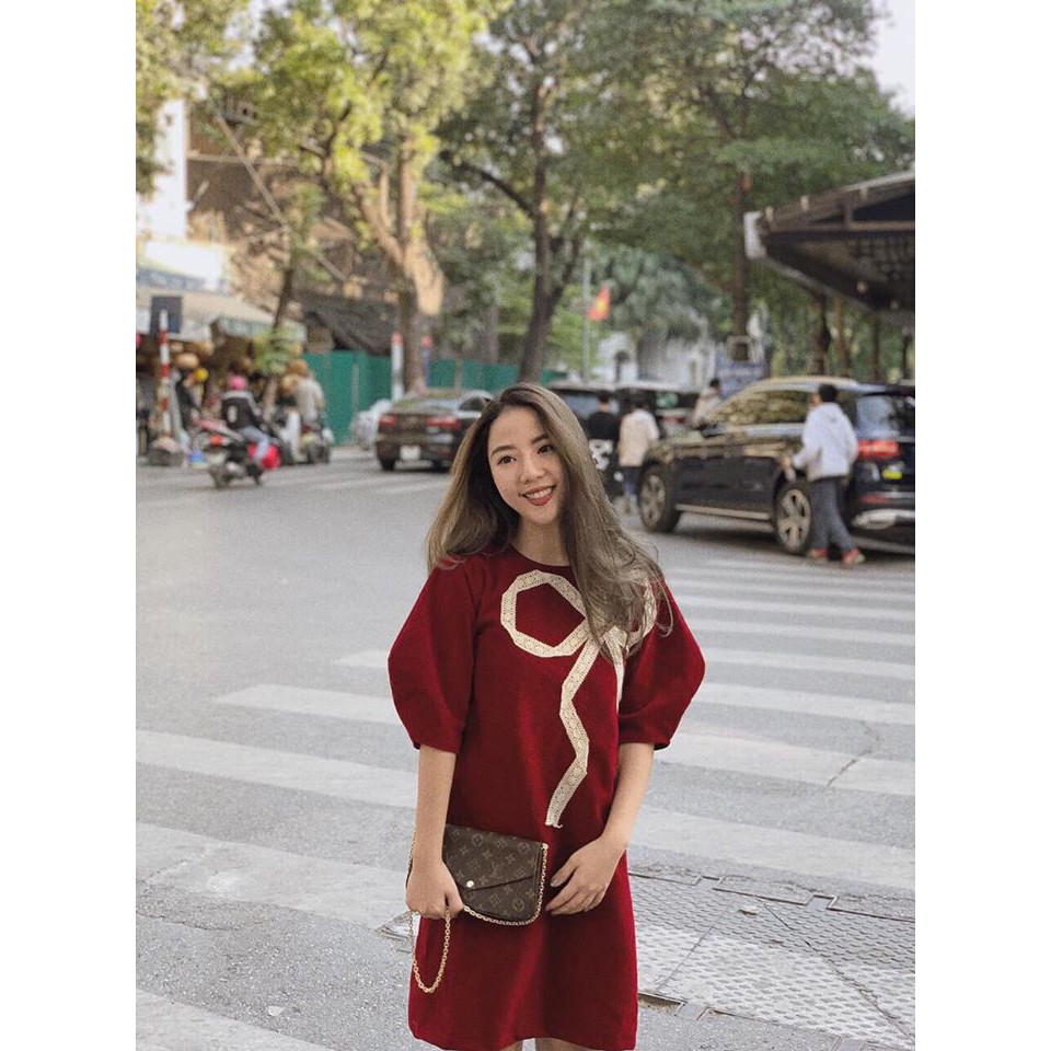 váy nhung tay bồng nơ to