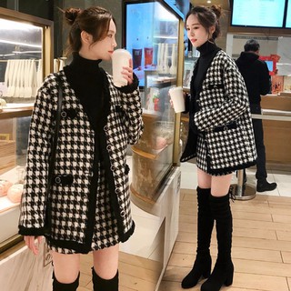 (SẴN Kèm ảnh thật) Set áo khoác chân váy caro viền đen dạ sang chảnh may chần siêu ấm mùa đông