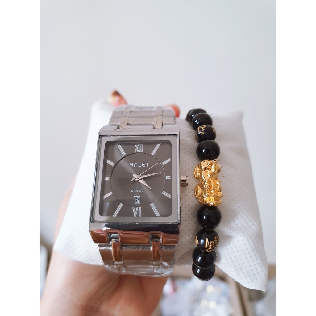 Đồng hồ nam HALEI - Mặt Vuông Đen Viền Vàng Lịch Lãm Thời Trang | BigBuy360 - bigbuy360.vn