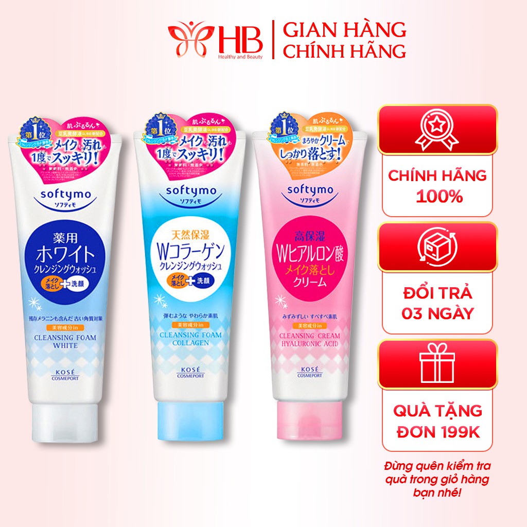Sữa rửa mặt Kose Softymo nội địa Nhật Collagen White Hyaluronic 220g phù hợp mọi loại da