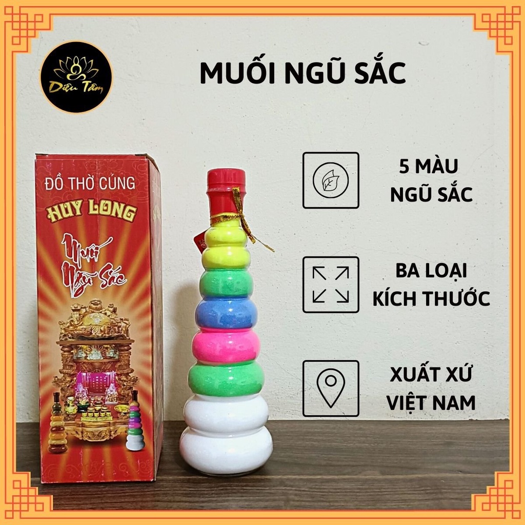 Chai muối ngũ sắc phong thủy bày bàn thờ thần tài đồ thờ cúng.