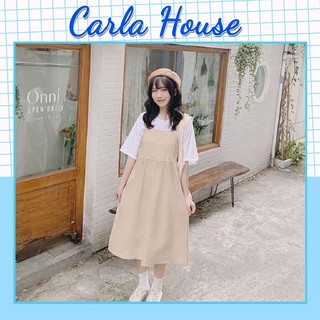 Bộ yếm kaki màu be dài kèm áo thun cotton carla sét yếm nữ áo thun dáng rộng