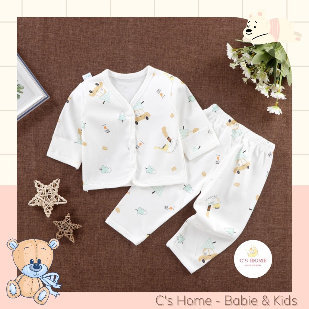 Bộ quần áo sơ sinh dài tay, cài cúc giữa KISS BEE cao cấp, chất cotton size từ 0 đến 6 tháng