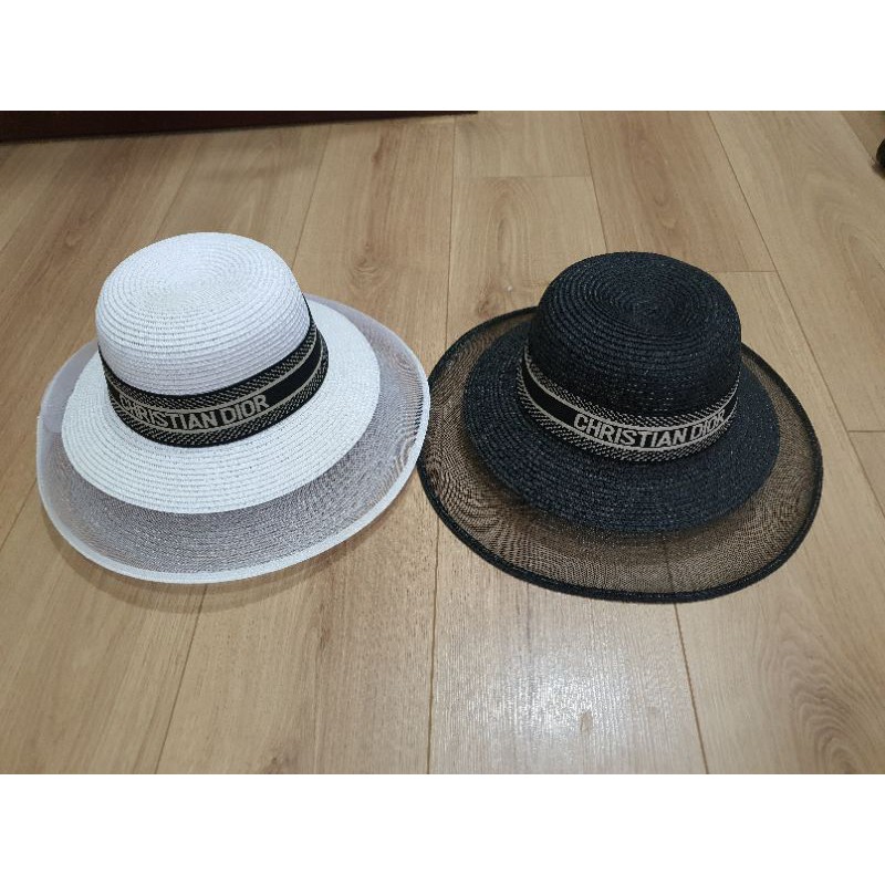Mũ cói đi biển chuông cụp vành lưới đai dio đen sang chảnh